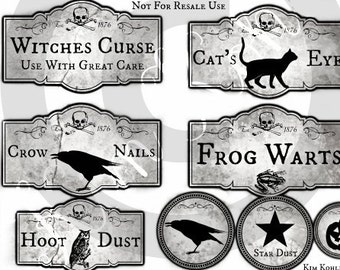 Halloween Primitive Apothecary etiquetas Bottle Jar Pantry Can Label Hang Tags Witch Crow Instant Digital Download JPG File Tag Pillows Box