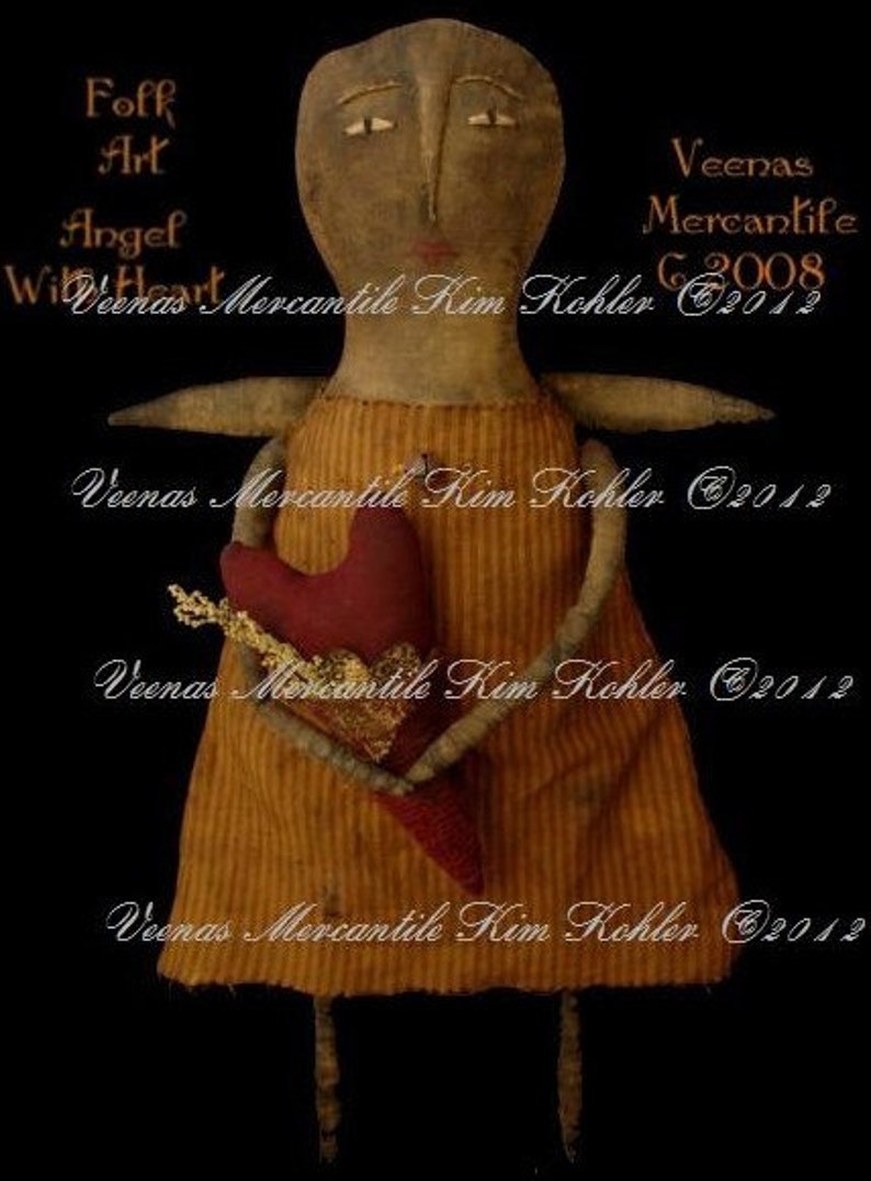 Instant Download Angel Doll Pattern Primitive Digital Heart image 0