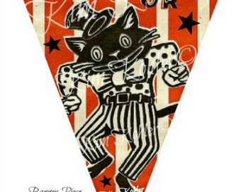 Banner Art Vintage Paper Ephemera Pennant Instant Digital Download Witch Cat Stripe Halloween Primitive Paper Collage 4 Sheet Veenas