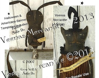 Cat Rabbit Crow Instant Digital Download Doll Pattern Primitive Folk Art Halloween Americana