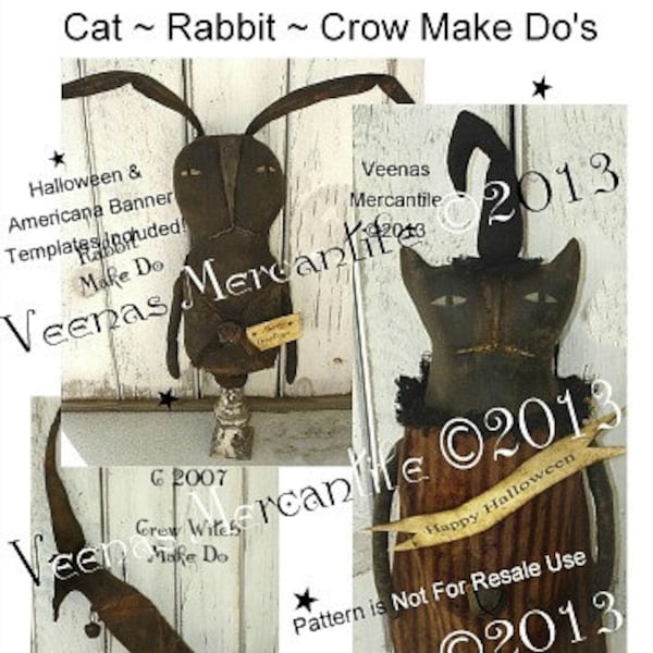 Cat Rabbit Crow Instant Digital Download Doll Pattern Primitive Folk Art Halloween Americana