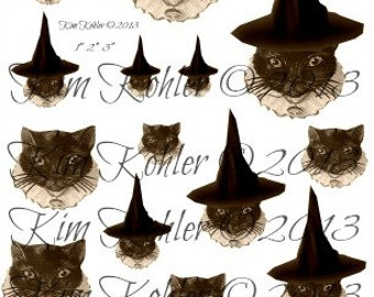 Witch Cat Kitty Halloween Printable Digital Instant Download Tags Collage Sheet Vintage Sizes Circles Kim Kohler Veenas Mercantile