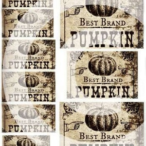 May include: A collection of vintage-style pumpkin-themed labels. Each label features a detailed illustration of a pumpkin, the words "Best Brand," and the word "Pumpkin" in a distressed font. The labels have a sepia-toned background.