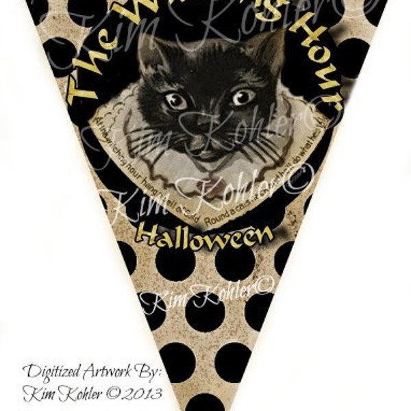 Banner Art Instant Download Vintage Cat Dots Stripe Orig Altered Digital Halloween Primitive Paper Collage 2 Sheet Veenas Mercantile