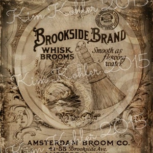 May include: Vintage advertisement for Brookside Brand Whisk Brooms. The ad features a drawing of a broom with the text "Smooth as flowing water." The ad also includes the company name, Amsterdam Broom Co., and the address 41-55 Brookside Ave., Amsterdam, N.Y. The ad states that the company was established in 1884 and is the largest independent broom concern in the world.