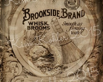 Primitive Label Whisk Broom Retro Vintage Pantry Kitchen Can Box Crate Hang Tags Pillows Sepia JPEG Instant Digital Download File Tag Print