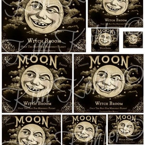 May include: A digital collage sheet with nine images of a vintage moon illustration with a face. The moon is depicted in a black and white style with a yellow tint. The text "Moon Witch Broom" is repeated on each image. The text "Only the Best for Midnight Flight" is also repeated on each image. The text "Contents One Broom" is repeated on each image. The text "Original" and "Brand" are repeated on each image.