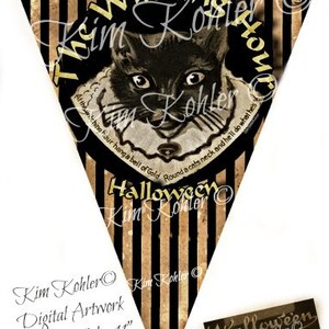 May include: A black and white striped pennant banner with a black cat illustration and the text "The Witching Hour" in gold lettering. The banner is 8 inches by 11 inches and has the text "Halloween Kim Kohler" at the bottom.