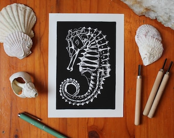 Seahorse Linocut Print