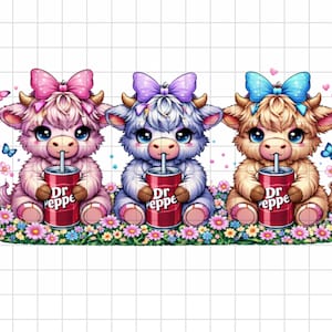 May include: Three adorable cartoon Highland cows, each with a different colored bow, are seated on a bed of flowers. Each cow is holding a Dr. Pepper can with a straw. Butterflies and hearts are scattered around the cows.