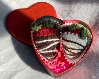 Handmade Crocheted Amigurumi Chocolate Covered Strawberry Plushies with Heart Case