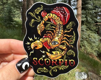 Scorpio, vinyl glossy sticker, 2 1/2" (wide) x 3 1/2" (tall).