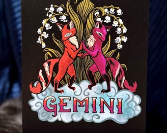 Gemini, Zodiac Fox Design , 5" x 7" Greeting Card