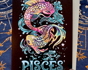 Pisces, Zodiac Koi Fish Design , 5" x 7" Greeting Card