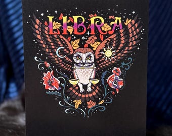 Tarjeta de felicitación de 12,7 x 18,8 cm con diseño de búho del zodíaco Libra