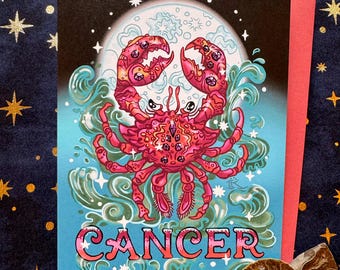Cancer, Zodiac Crab Ocean Design, 5" x 7" Greeting Card