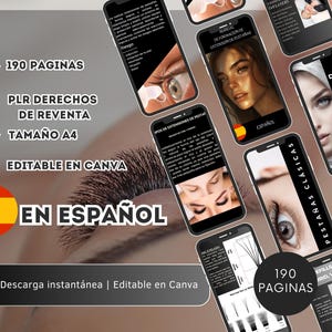 Puede incluir: Una maqueta de producto digital que muestra una colección de 190 páginas de tutoriales de extensiones de pestañas en español. Las páginas se muestran en varias pantallas de teléfonos móviles, mostrando diferentes técnicas y estilos. El texto "EN ESPAÑOL" se muestra de forma prominente en la imagen.