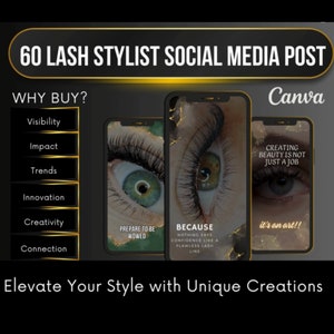 Puede incluir: Una plantilla de diseño gráfico para publicaciones en redes sociales para estilistas de pestañas. La plantilla presenta un primer plano de un ojo con pestañas largas y el texto "Crear belleza no es solo un trabajo. ¡Es un arte!"