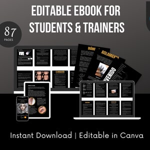 Può includere: Un ebook digitale in bianco e nero con 87 pagine per studenti e formatori. L'ebook è visualizzato su un laptop, un tablet e uno smartphone. Il testo sulle pagine dell'ebook è in spagnolo. L'ebook è modificabile in Canva. Il testo "Download immediato | Modificabile in Canva" è visualizzato nella parte inferiore dell'immagine.
