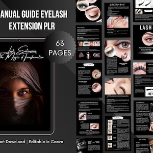 May include: A digital product cover featuring a woman with her face partially covered by a veil. The cover text reads "Lash Extensions The Magic of Transformation". The product is a 63-page manual guide for eyelash extensions, with the text "MANUAL GUIDE EYELASH EXTENSION PLR" at the top of the image. The image also includes a collage of images showing different types of eyelash extensions.