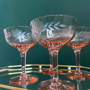 Vintage Etched Pink Coupe Glasses (set of 4)