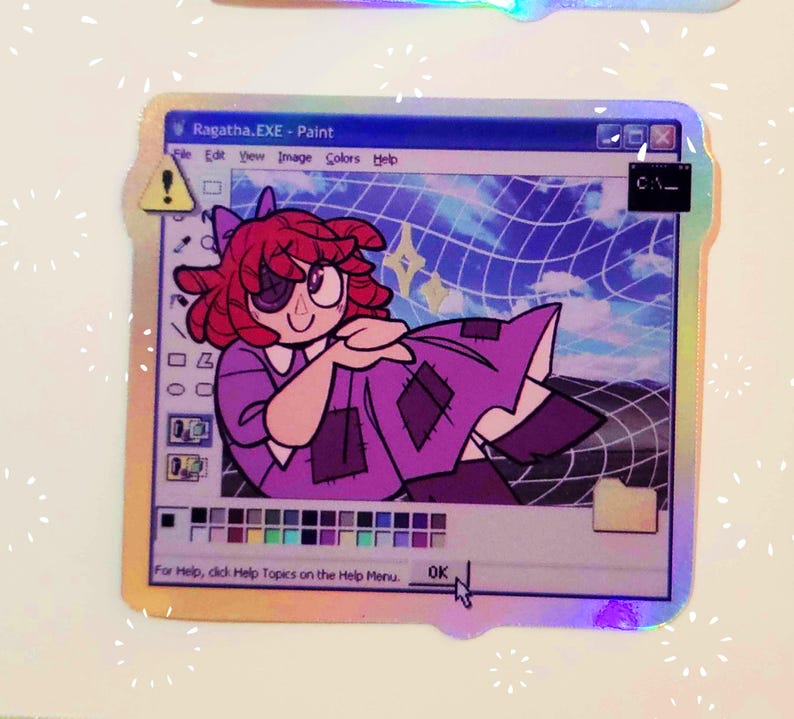 May include: A digital art sticker featuring a cartoon girl with red hair and a purple dress. The girl is in a Windows Paint window with a blue and white grid background. The text "Ragatha.EXE - Paint" is at the top of the window.