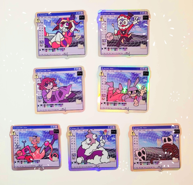 May include: Six holographic stickers featuring cartoon characters in a Windows 95 Paint program interface. The characters are a jester, a clown, a bunny, a creature with a crown, a creature with a crown and a creature with a crown.