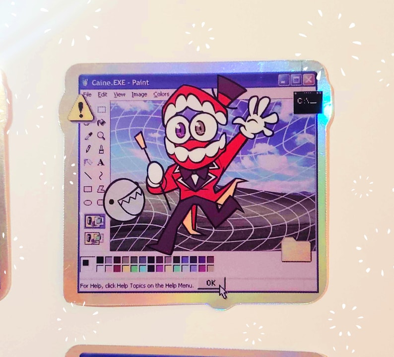 May include: A digital art sticker featuring a cartoon character with a red and black outfit, a top hat, and a large mouth. The character is standing in front of a blue and white background with a grid pattern. The sticker has a holographic finish and the text "Caine.EXE - Paint" is visible at the top.