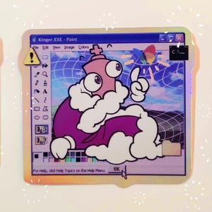 May include: A digital art sticker featuring a cartoon character holding a paintbrush in a retro computer window. The character is pink and white with a large eye and is wearing a purple robe. The window has a blue and purple gradient background with a grid pattern. The text "Kinger.EXE - Paint" is at the top of the window.