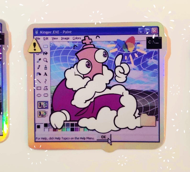 May include: A digital art sticker featuring a cartoon character holding a paintbrush in a retro computer window. The character is pink and white with a large eye and is wearing a purple robe. The window has a blue and purple gradient background with a grid pattern. The text "Kinger.EXE - Paint" is at the top of the window.