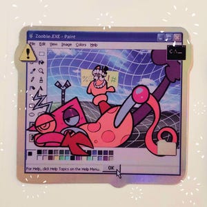 May include: A digital art illustration of a pink and red cartoon character with a long pink tail, lying on its back in a blue and white grid pattern. The character is in a computer window with the title "Zooble.EXE - Paint".