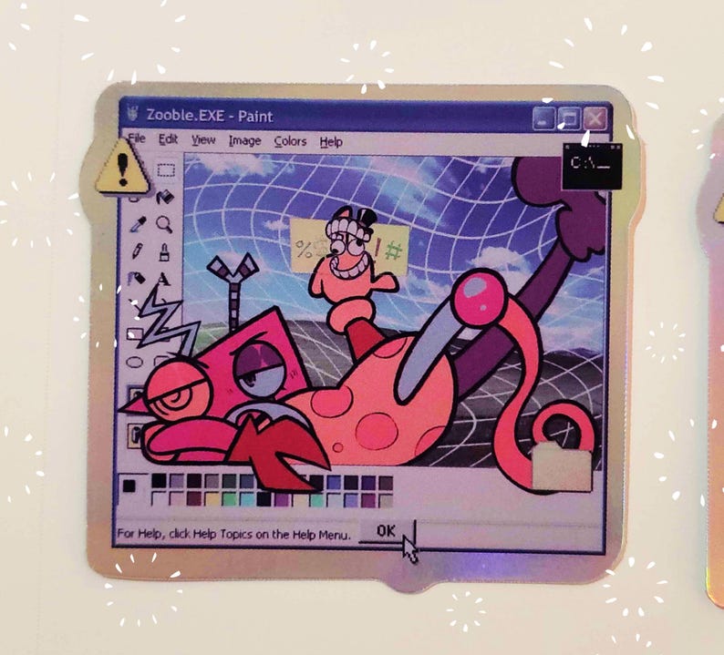 May include: A digital art illustration of a pink and red cartoon character with a long pink tail, lying on its back in a blue and white grid pattern. The character is in a computer window with the title "Zooble.EXE - Paint".