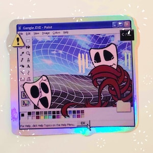 May include: A digital art sticker featuring a retro-style computer screen with a paint program open. The screen shows two cartoon characters, one red and one white, with a colourful palette of paint colours below. The text "Gangle.EXE - Paint" is at the top of the screen.