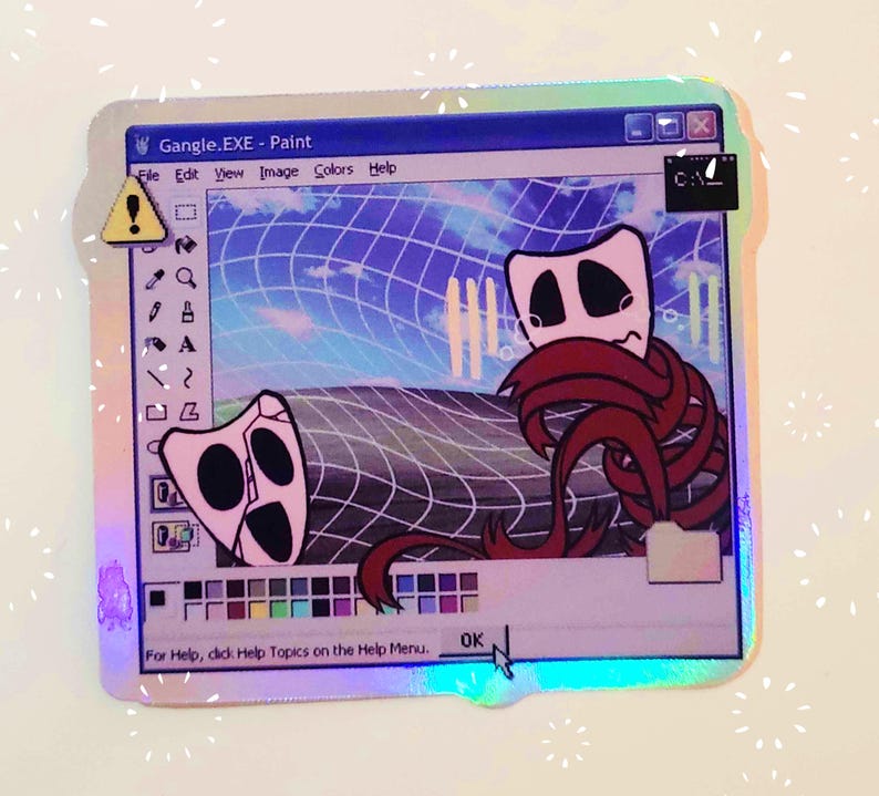 May include: A digital art sticker featuring a retro-style computer screen with a paint program open. The screen shows two cartoon characters, one red and one white, with a colourful palette of paint colours below. The text "Gangle.EXE - Paint" is at the top of the screen.