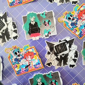 May include: A selection of colourful stickers with anime-style illustrations. The stickers depict characters with bright hair and clothing, set against diverse backgrounds. Some stickers include text, and the overall aesthetic is playful and artistic.