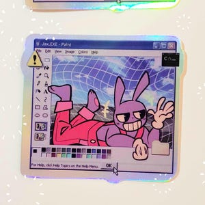 May include: A sticker featuring a cartoon bunny wearing overalls and a mischievous grin, set against a blue and white grid background. The sticker is designed to look like a Windows Paint window with the title "Jax.EXE - Paint".