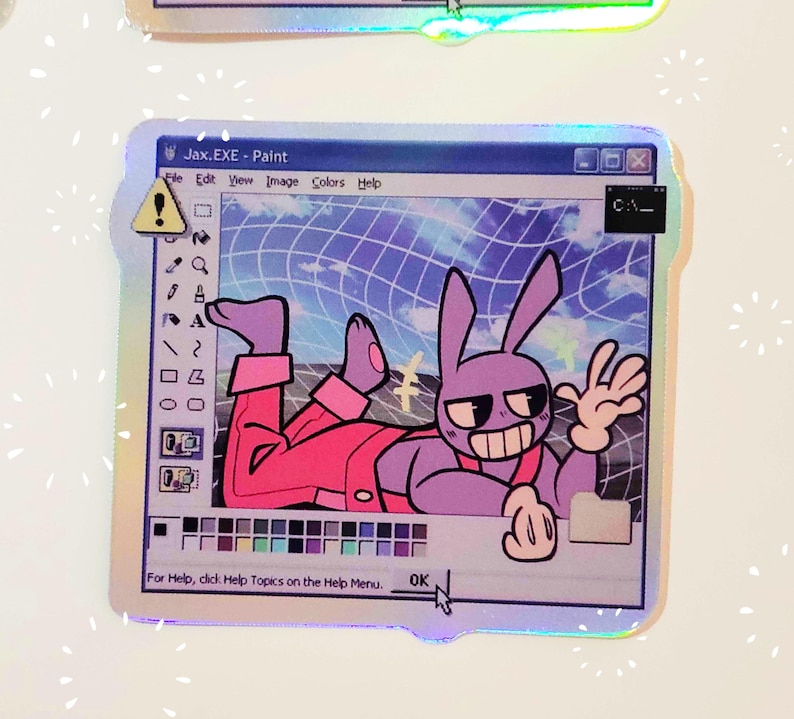 May include: A sticker featuring a cartoon bunny wearing overalls and a mischievous grin, set against a blue and white grid background. The sticker is designed to look like a Windows Paint window with the title "Jax.EXE - Paint".