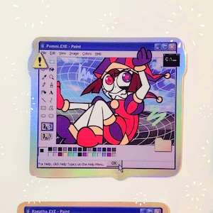 May include: A digital art illustration of a jester character in a red and purple costume with a jester hat. The character is in a blue and green grid pattern background. The image is in a Windows Paint window with a warning sign and a colour palette.