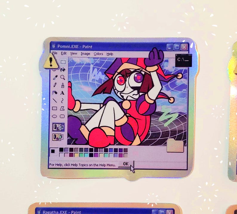 May include: A digital art illustration of a jester character in a red and purple costume with a jester hat. The character is in a blue and green grid pattern background. The image is in a Windows Paint window with a warning sign and a colour palette.