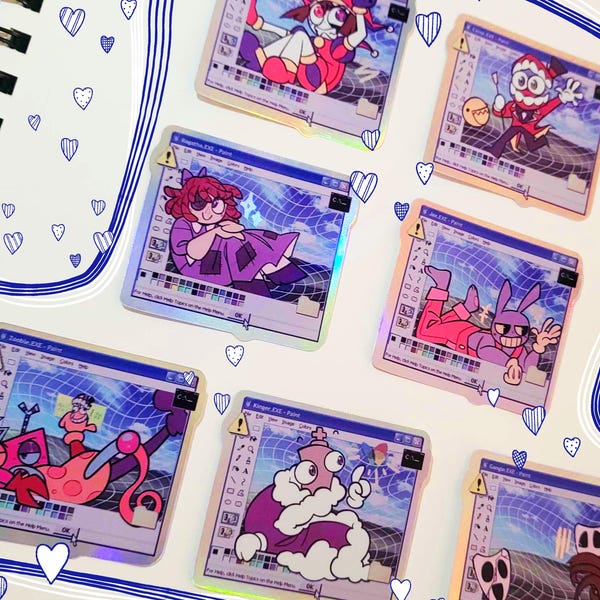 Digital Circus 6,5 cm Holographische Sticker: Caine, Pomni, Jax, Ragatha, Gangle, Zooble, Kinger