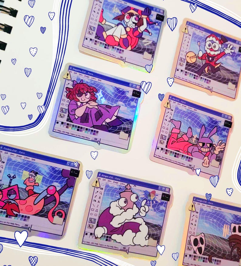 May include: A set of eight holographic stickers featuring various cartoon characters in a Windows Paint-style interface. The characters are depicted in a variety of poses and expressions, with a blue and purple colour scheme.