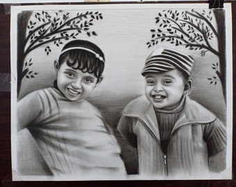 Retrato personalizado al carboncillo: Familia, amigos, hecho a mano