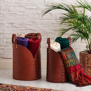 Handcrafted Leather Basket With Handle, Leather Home Storage Bins, Decorative Leather Organizer, Utility Multipurpose Bucket Home Decor Gift