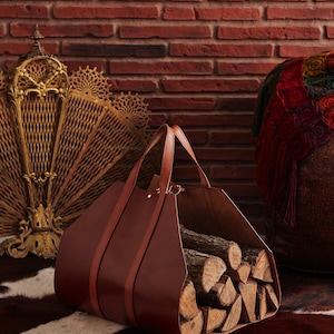 Handmade Leather Wood Carrier Bag, Large Leather Log Holder For Fireplace, Wood Carrier With Handle, Premium Heavy Log Tote, Gift For Dad