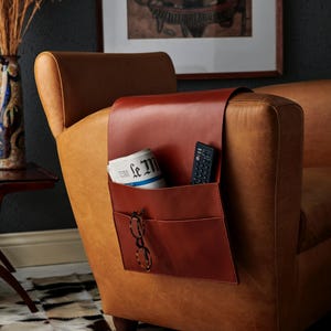 Handmade Leather Sofa Armrest Organizer, Leather Armchair Caddy With Pockets, Couch Tv Remote Holder, Magazine, Tablet, Book For Sofa