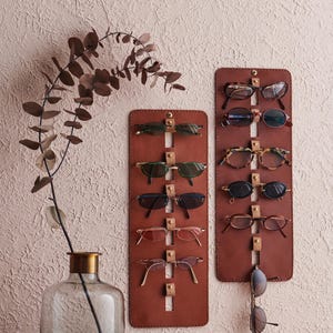 Handcrafted Leather Sunglasses Holder Wall Mounted Eyeglass Stand, Vertical Sunglasses Hanger, 6 Multiple Glasses Display Stand Rustic Decor