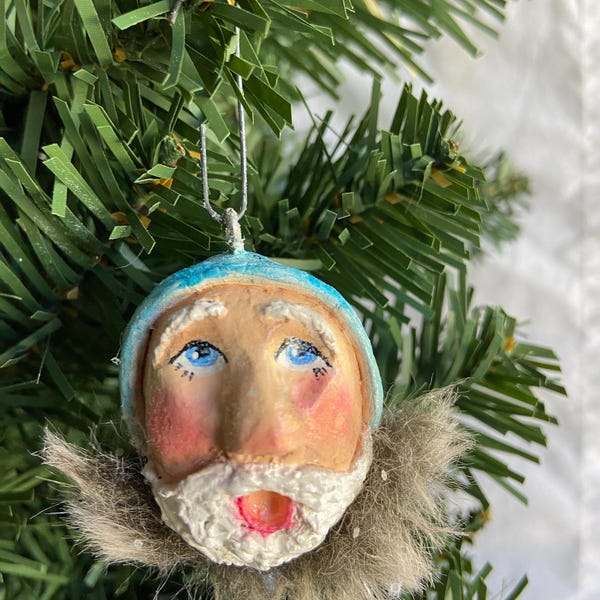 Handmade Paper Mache Santa Face Ornament
