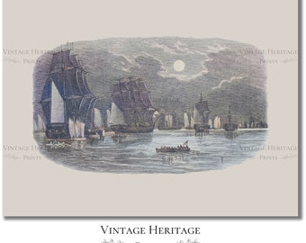 Vintage 1800s color line drawing, maritime sailing ships in harbor moonlight, woodcut etching, digital wall art, instant download to print