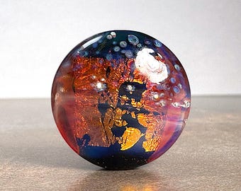 One of a Kind Art Glass Focal Bead for Jewelry Designs, Fire Opal Style Lentil Shape Lampwork Bead or Pendant in Black, Orange, Pink