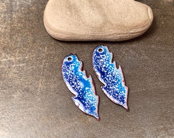 Enamel Earring Pair, Enameled Copper Feathers or Leaf Dangles, Shades of Blue & White, Divine Spark Designs